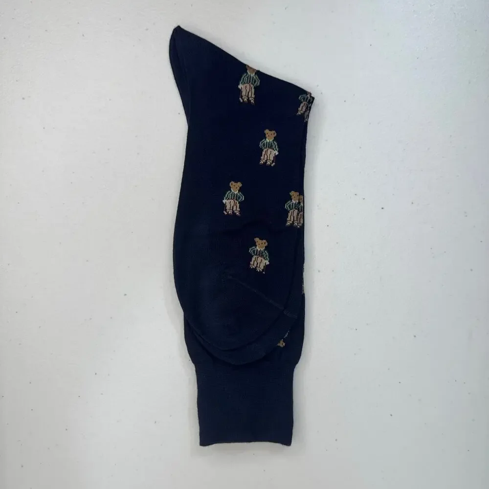 Polo Ralph Lauren Black Dress Socks Golf Bear Pattern Cotton Blend Size 10-13